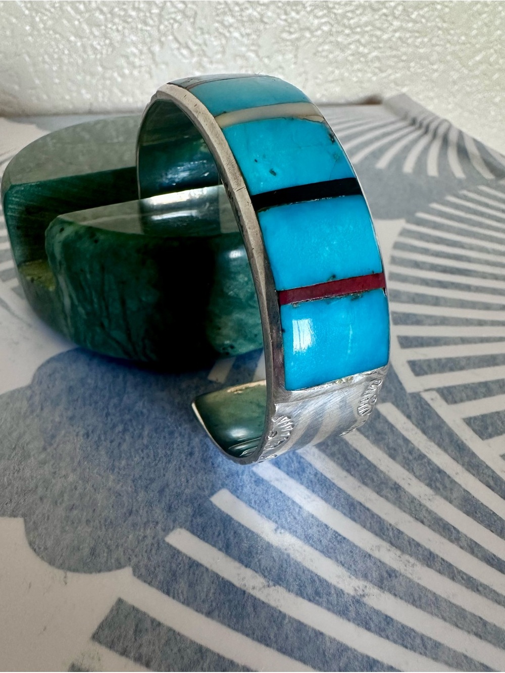 Vintage Native American Sterling Silver Turquoise Inlay Heavy Cuff Bracelet - Picture 2 of 16